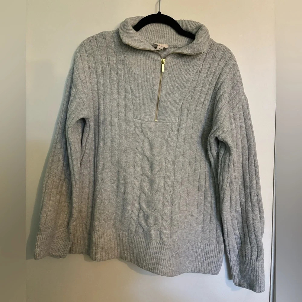 St. John's Bay Womens Light Gray Cable Knit 1/4 Zip Mock neck Sweater Size Med